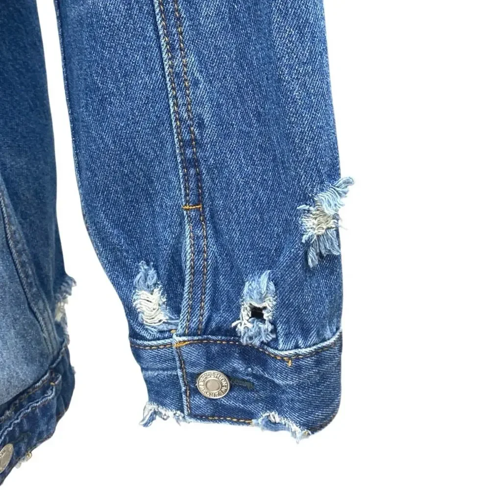 The Iconic Women's Blue Long Sleeve Button Down Distressed Denim Jeans Jacket M